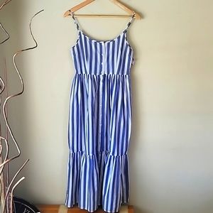 Lucky Brand Blue  White Vertical Stripe Tee Strap Midi Boho Ruffle Size XS